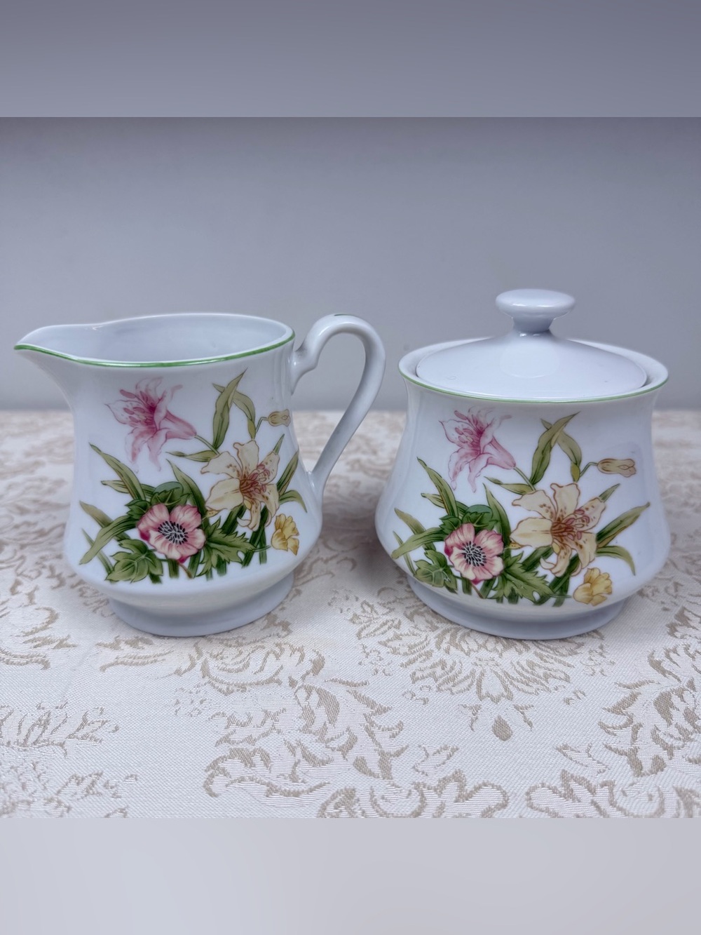 Vintage Floral Porcelain Creamer and Sugar Set by Shafford, Japan, Jade Lily